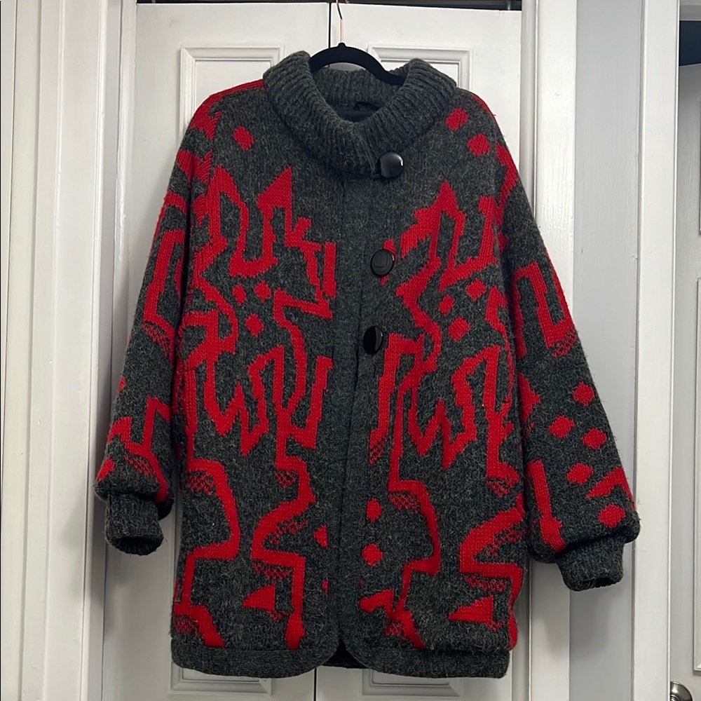 Vintage Cozy Gray and Red Patterned Sweater Coat